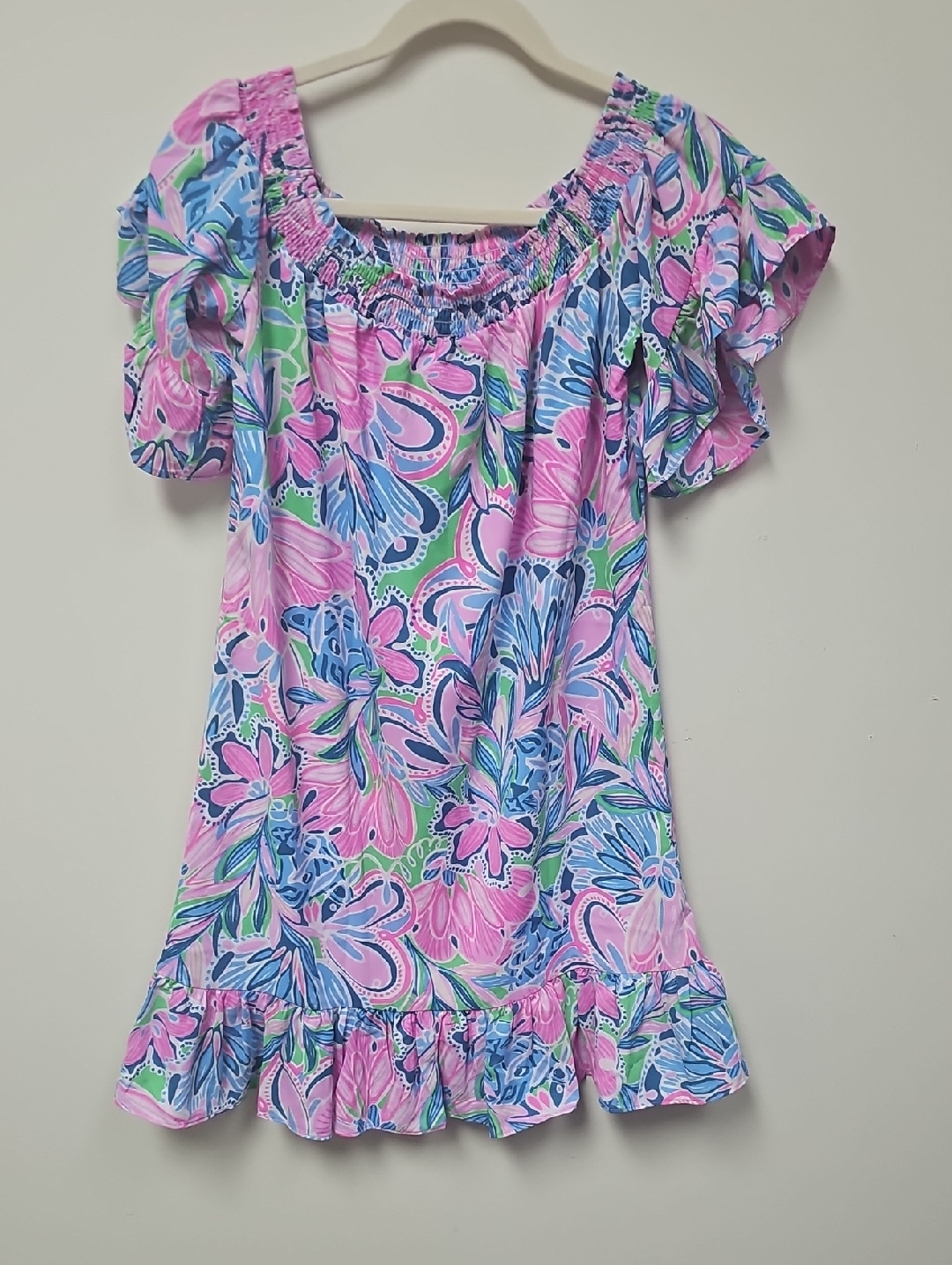 Lilly Pulitzer Pink & Blue Floral Off-Shoulder Mini Dress